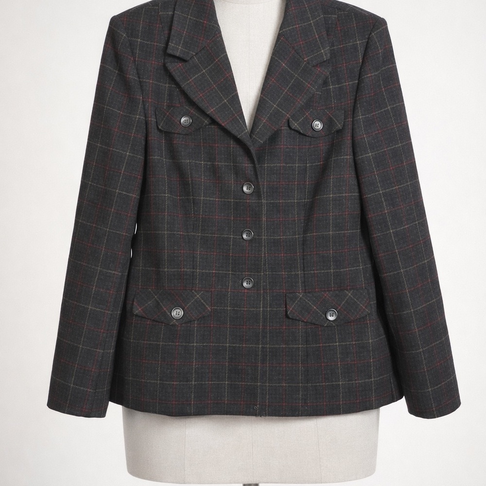 Pendleton Classic Wool Blazer Womens Size 16 Gray Plaid 100% Virgin Wool USA